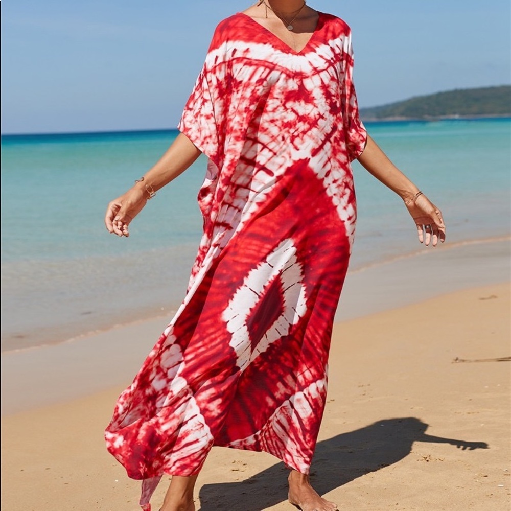 Boho Red Summer Tie Dye V-neck Batwing Sleeve Kaftan Maxi Dress, Beach Cover Up